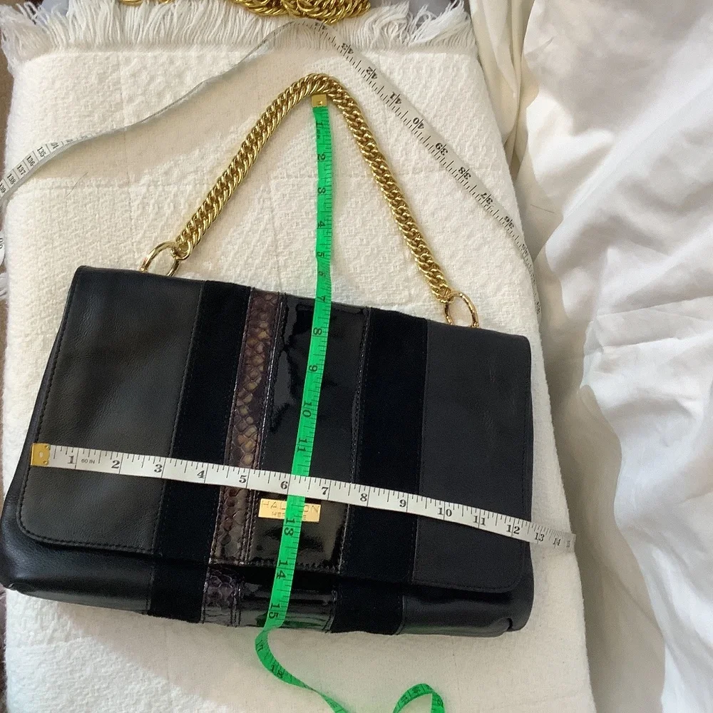 EUC Halston Heritage Black Leather suede shoulder  crossbody gold chain - Picture 12 of 17